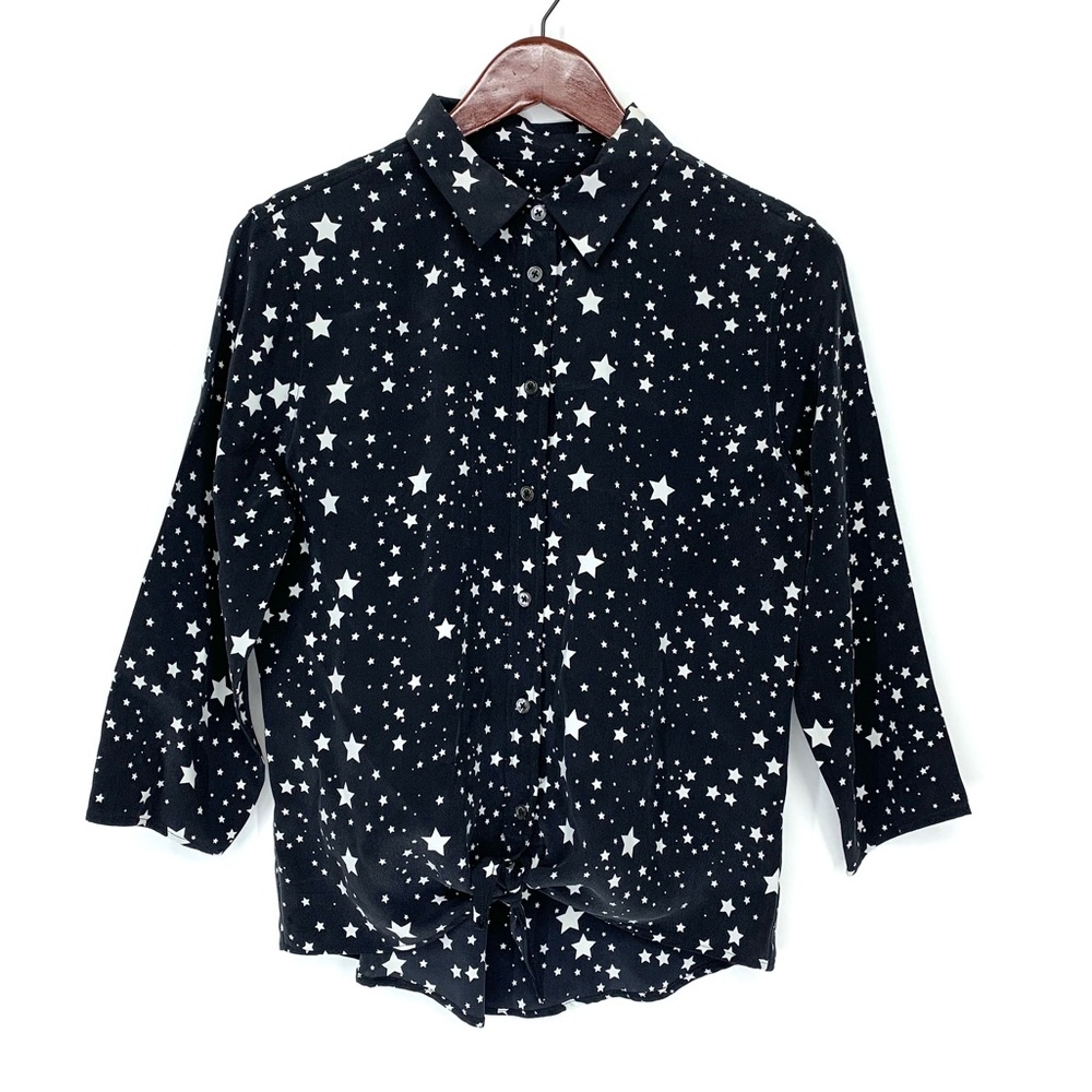 Equipment x Kate Moss Black 100% Silk White Star Button Up Blouse SOS Size Small